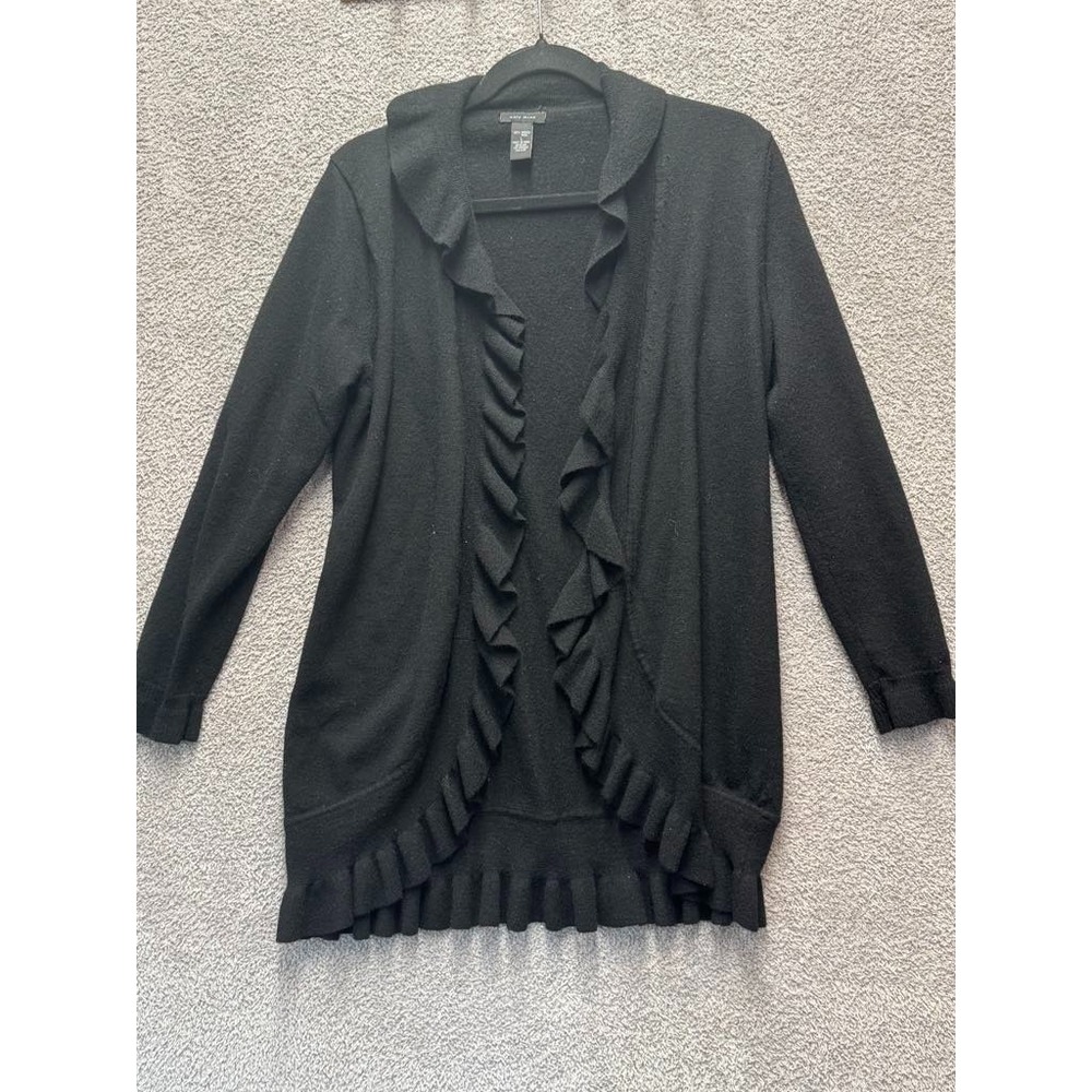 Only Mine 100% Merino Wool‎ Ruffle Open Front Cardigan Sweater Women's L Black